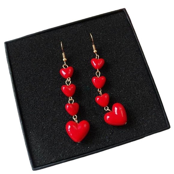 NEW!! GORGEOUS RED HEART TASSEL DROP DANGLING EARRINGS  - BOUTIQUE Gift Love - Picture 8 of 8